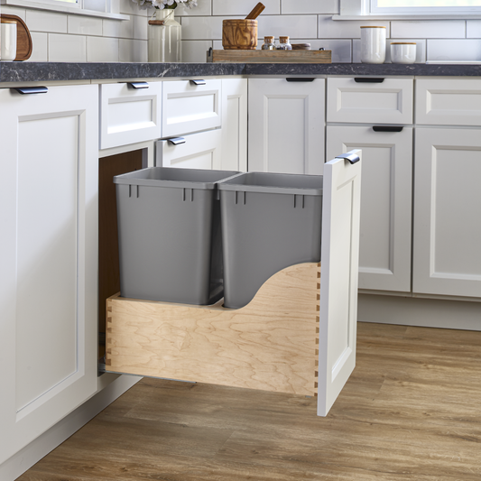 Bottom Mount Maple Pullout w/ Double 27 qt Waste Containers and Blum Soft-Close (4WCSC-1527DM-2)