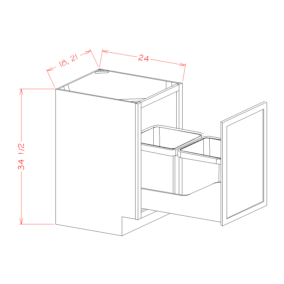 Single Full Height Door Base Kit with Double Trashcan Pullout (OW-B18FHTCPO)