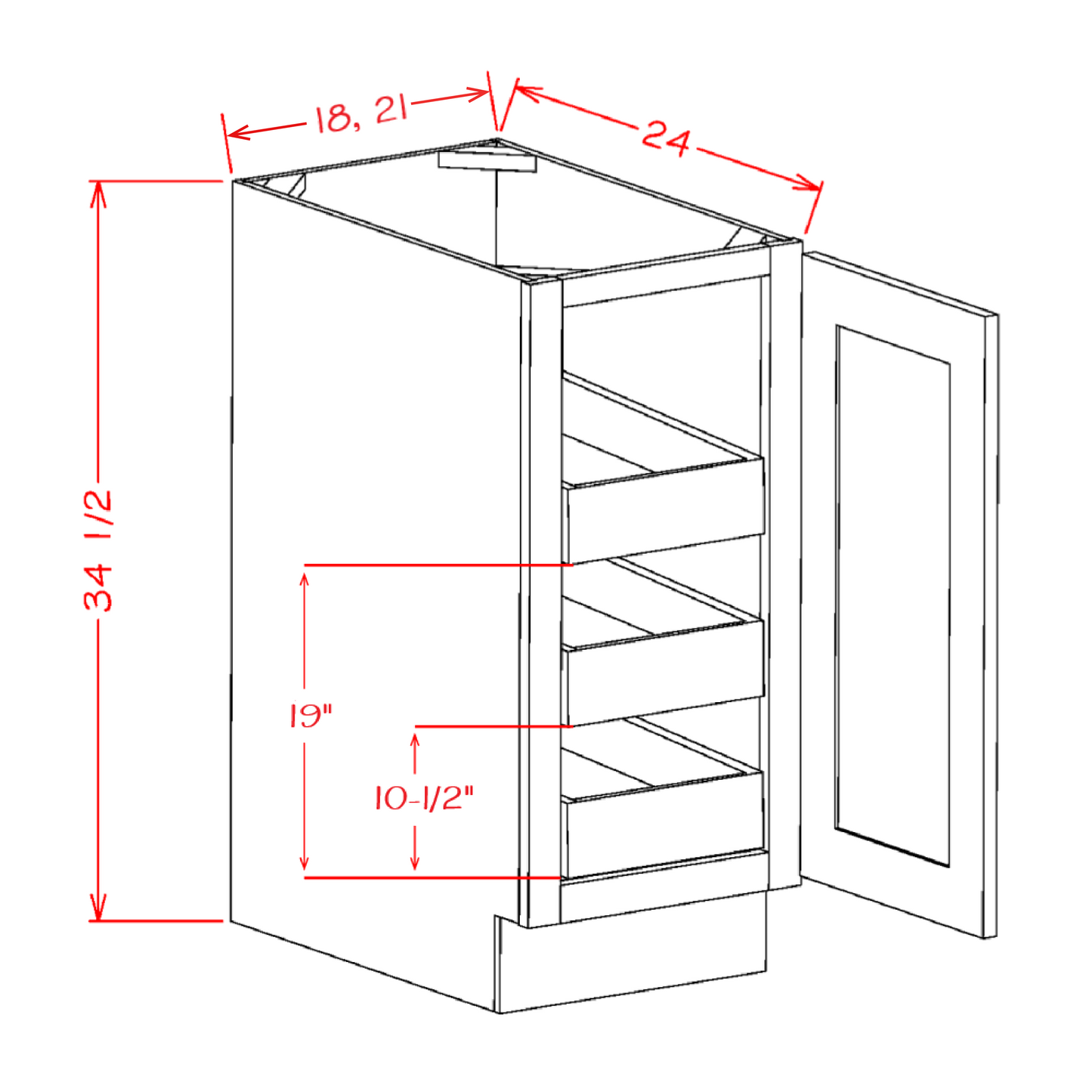 Single Full Height Door Three Rollout Shelf Base Kits (SEO-B18FH3RS)